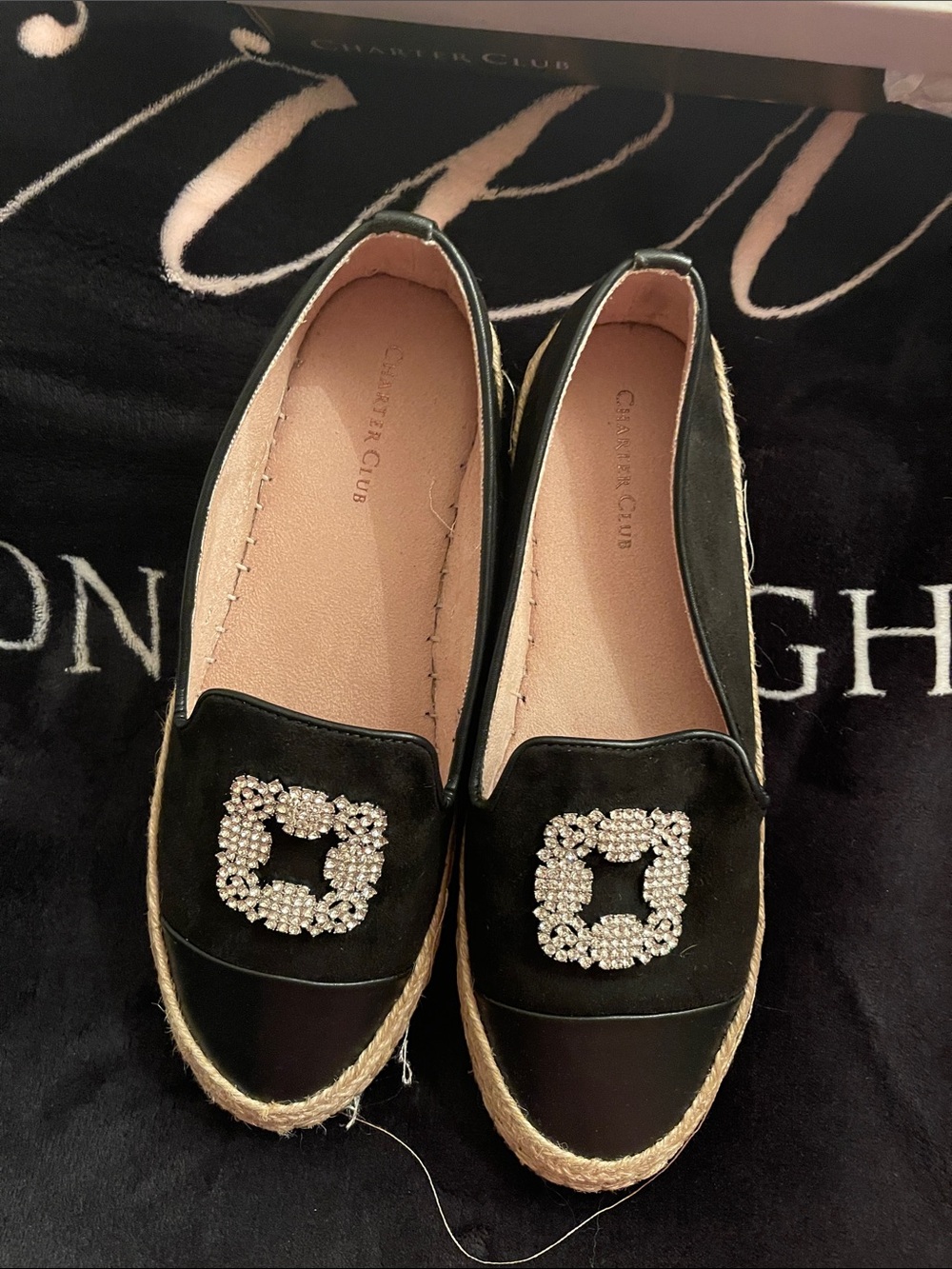 Charter Club Black Espadrille Flats with Crystal Buckle